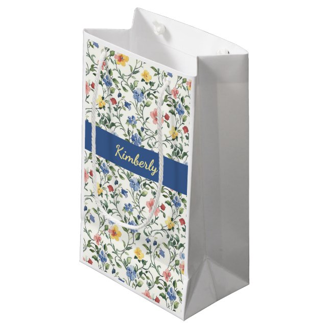 Blue Yellow Watercolor Wildflower Monogram Name Small Gift Bag (Front Angled)