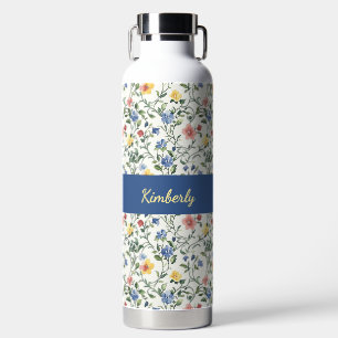 Blue Yellow Watercolor Wildflower Monogram Name Water Bottle