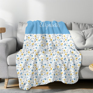 Blue Yellow Watercolor Wildflower Name Fleece Blanket