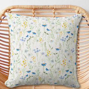 Blue Yellow Watercolor Wildflower Throw Pillow