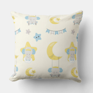 BLUE YELLOW WHITE BABY ELEPHANTS MOONS STARS THROW PILLOW