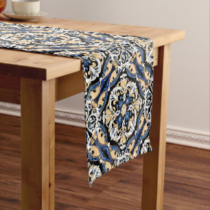 Blue Yellow White Black Azuleju Spanish Moroccan Short Table Runner