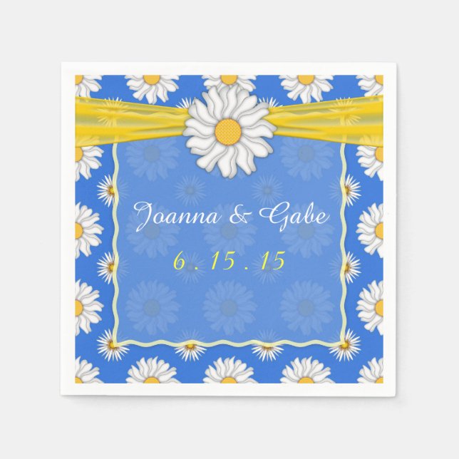 Blue Yellow White Daisy Floral Wedding Napkins (Front)
