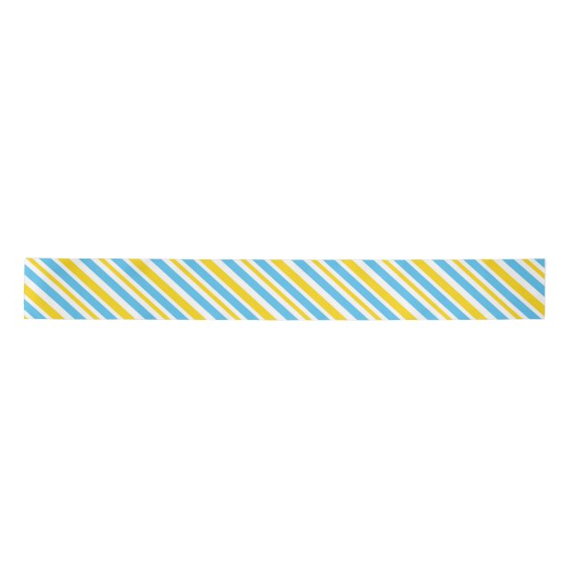 BLUE YELLOW WHITE DIAGONAL STRIPE PATTERN SATIN RIBBON (Front)