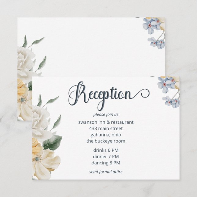 Blue Yellow & White Floral Wedding Reception Enclosure Card (Front/Back)