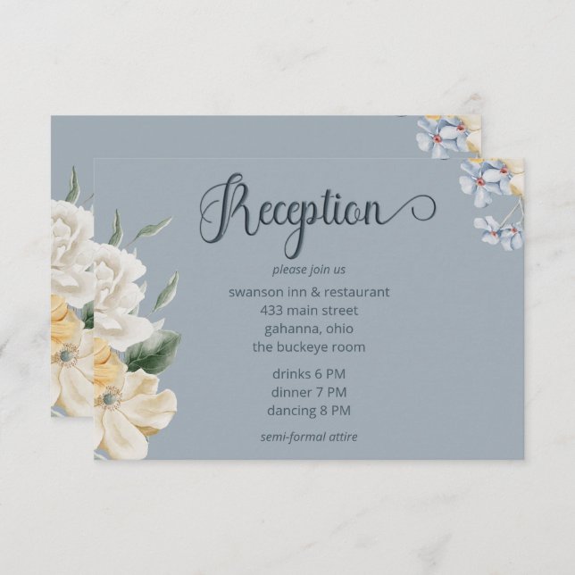 Blue Yellow & White Floral Wedding Reception Enclosure Card (Front/Back)