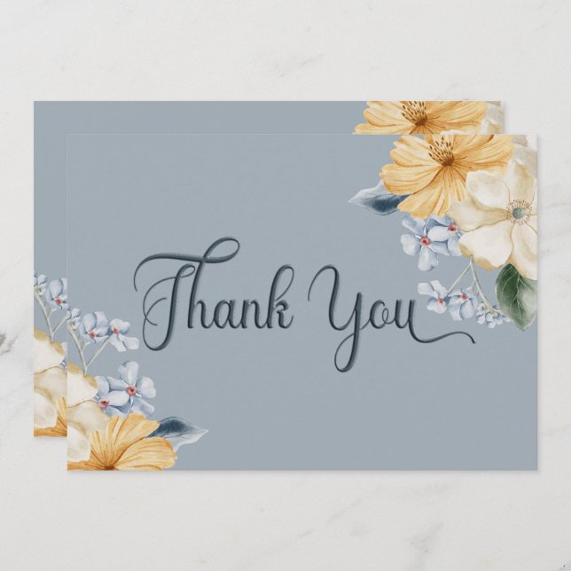 Blue Yellow & White Floral Wedding Thank You Card (Front/Back)
