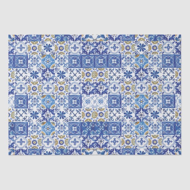 Blue Yellow White Meditteranean Mosaic Tiles  Tissue Paper (Front)