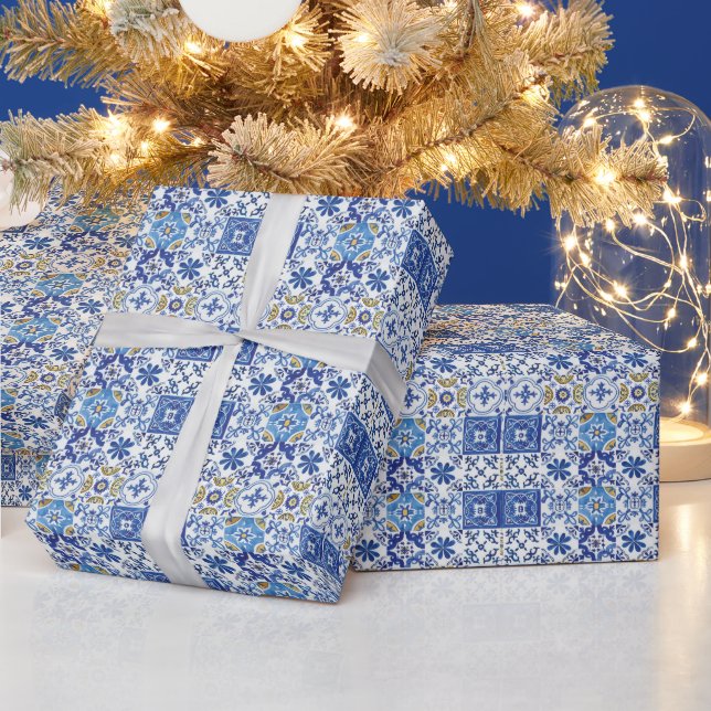 Blue Yellow White Meditteranean Mosaic Tiles  Wrapping Paper (Holidays)