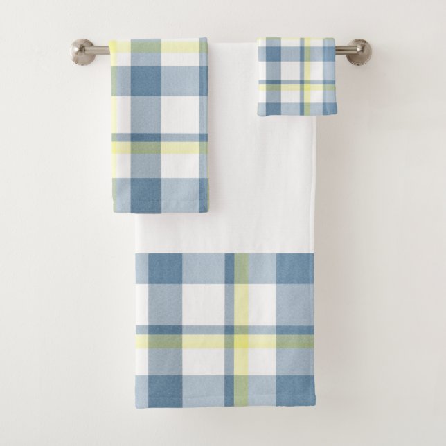 Blue Yellow White Watercolor Plaid Bath Towel Set (Insitu)