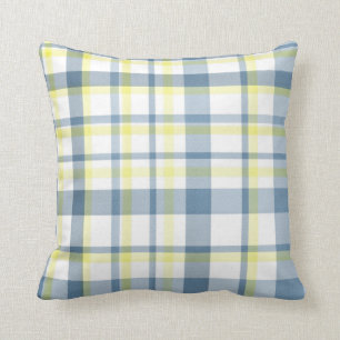 Blue Yellow White Watercolor Plaid Throw Pillow