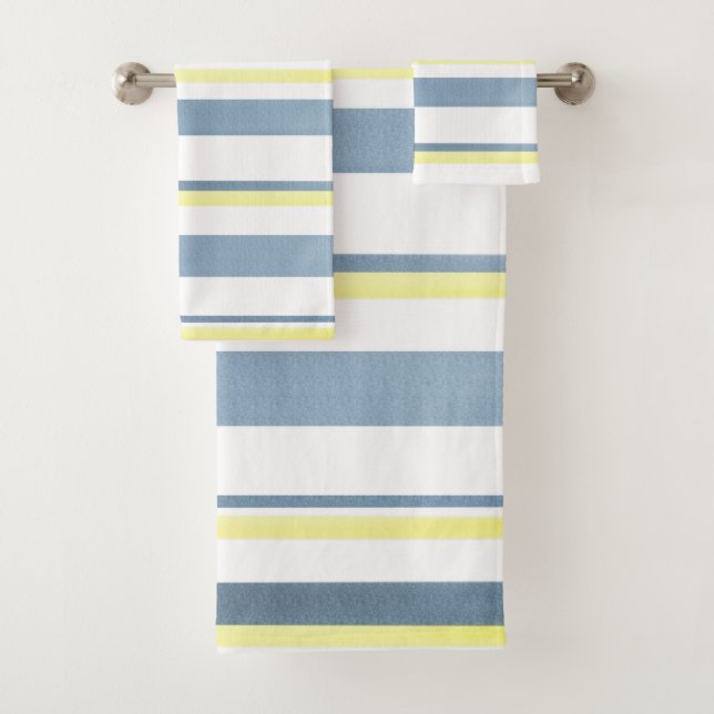 Blue Yellow White Watercolor Stripes Bath Towel Set (Insitu)