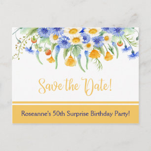 Blue Yellow White Wildflowers Save The Date Announcement Postcard