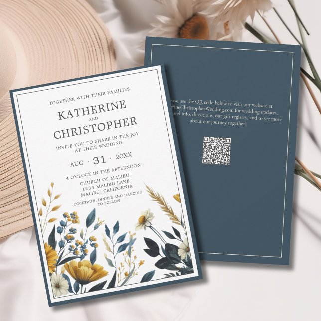 Blue Yellow Wildflowers Elegant Formal Wedding Invitation (Blue Yellow Wildflowers Elegant Save the Date Card with QR Code for Wedding Website.)