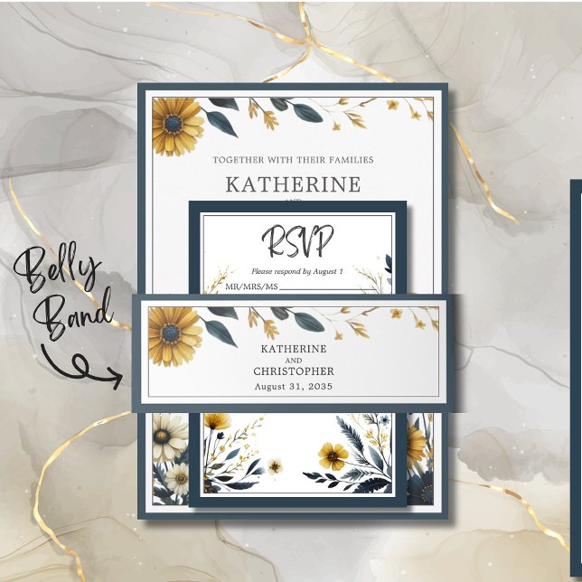 Blue Yellow Wildflowers Elegant Wedding Invitation Belly Band (Blue Gold Floral Wedding Belly Band to organize your wedding invitation package.)