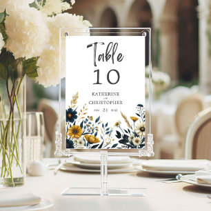 Blue Yellow Wildflowers Elegant Wedding Table Number