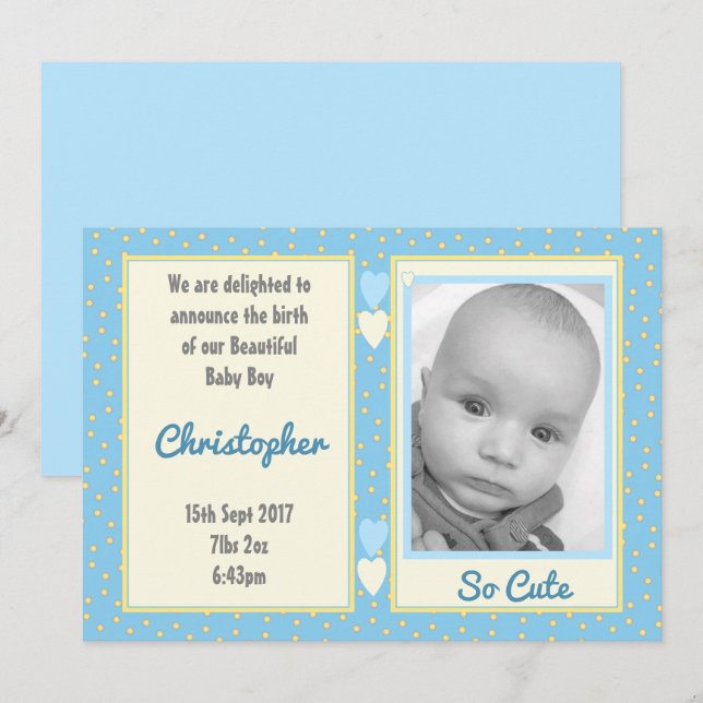 Blue yellow with dots birth details and baby photo invitation (Front/Back)
