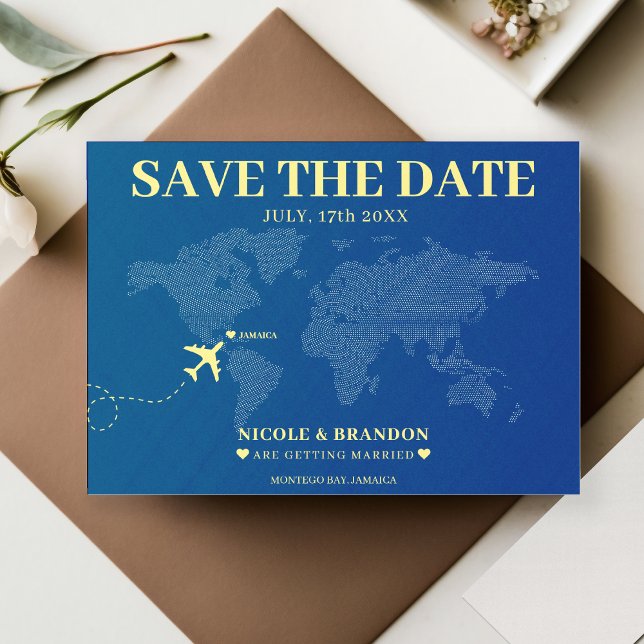 Blue & Yellow World Map Destination Wedding Save The Date (Creator Uploaded)