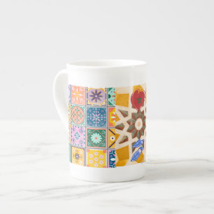 Blue & Yellow Zellij Mosaic Pattern Bone China Mug
