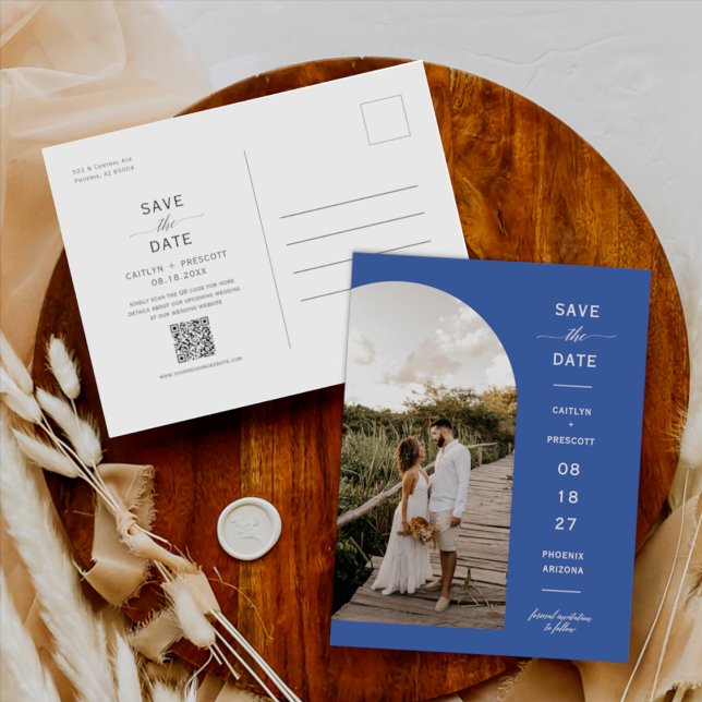 Blue Yonder Arch Photo QR Code Save the Date Postcard (Creator Uploaded)