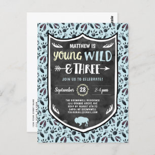 Blue Young Wild and Three Boys 3rd Birthday Party Postcard