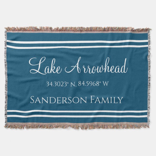  Blue Your Lake Family Name  Map Coordinates  Throw Blanket (Front)