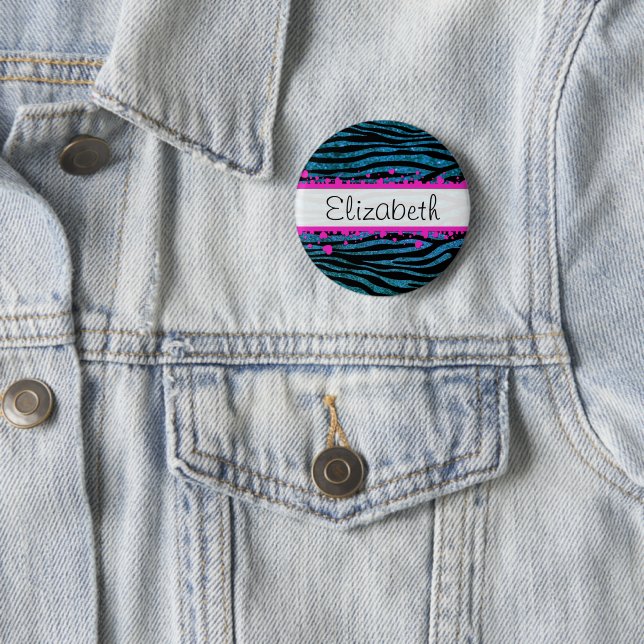 Blue Zebra, Glitter Zebra, Zebra Print, Your Name 2 Inch Round Button (In Situ)