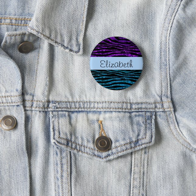 Blue Zebra, Purple Zebra, Glitter Zebra, Your Name 2 Inch Round Button (In Situ)