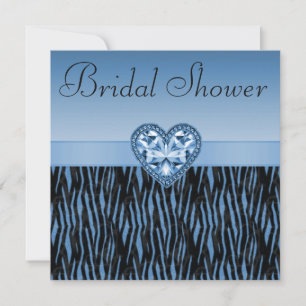Blue Zebra Stripes & Bling Heart Bridal Shower Invitation