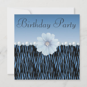 Blue Zebra Stripes, Pearls & Flower Birthday Party Invitation