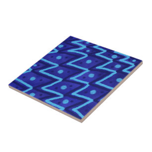 Blue Zig Zags Dots Funky Pattern  Tile