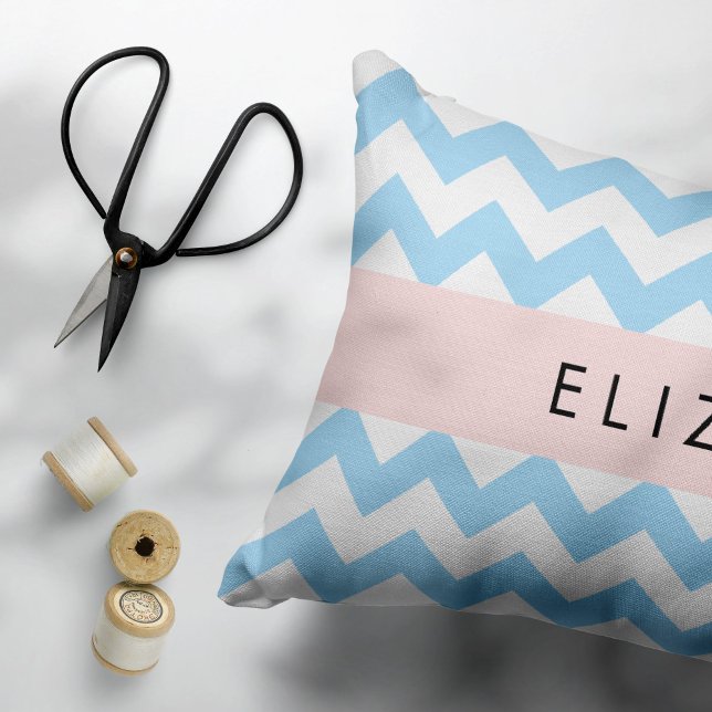 Blue Zigzag, Blue Chevron, Wave Pattern, Your Name Accent Pillow (Creator Uploaded)