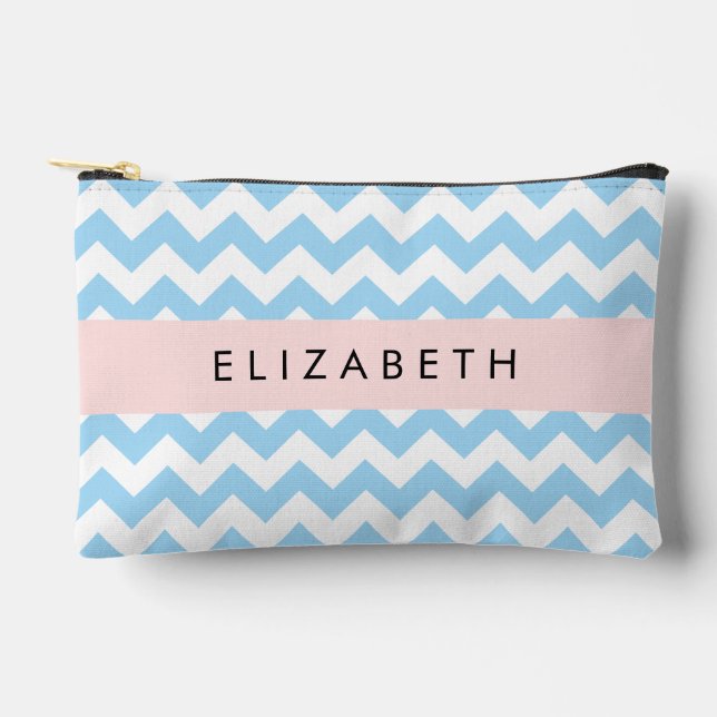 Blue Zigzag, Blue Chevron, Wave Pattern, Your Name Accessory Pouch (Front)
