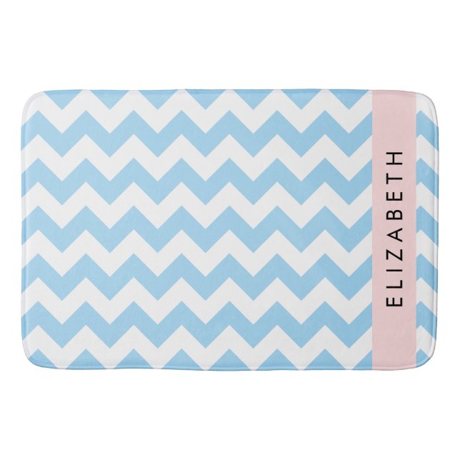 Blue Zigzag, Blue Chevron, Wave Pattern, Your Name Bath Mat (Front)