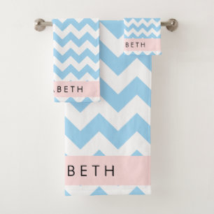 Blue Zigzag, Blue Chevron, Wave Pattern, Your Name Bath Towel Set