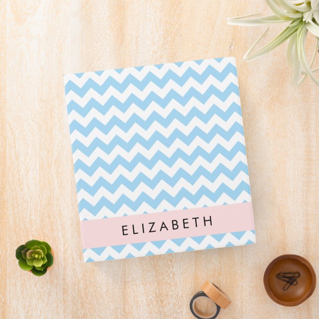 Blue Zigzag, Blue Chevron, Wave Pattern, Your Name Binder (In Situ)