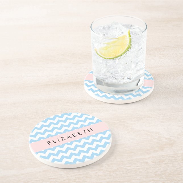 Blue Zigzag, Blue Chevron, Wave Pattern, Your Name Coaster (Side)