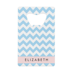Blue Zigzag, Blue Chevron, Wave Pattern, Your Name Credit Card Bottle Opener