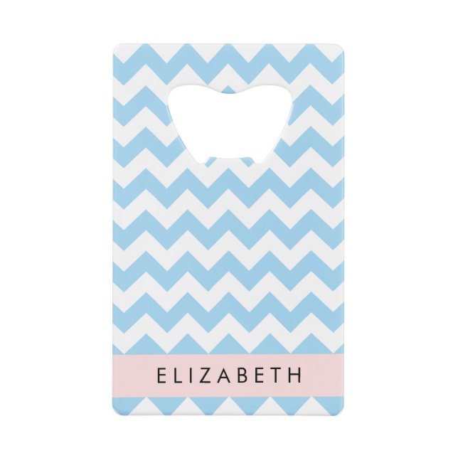 Blue Zigzag, Blue Chevron, Wave Pattern, Your Name Credit Card Bottle Opener (Front)