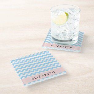 Blue Zigzag, Blue Chevron, Wave Pattern, Your Name Glass Coaster