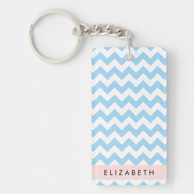 Blue Zigzag, Blue Chevron, Wave Pattern, Your Name Keychain (Front)