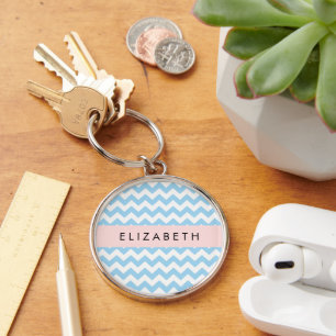Blue Zigzag, Blue Chevron, Wave Pattern, Your Name Keychain