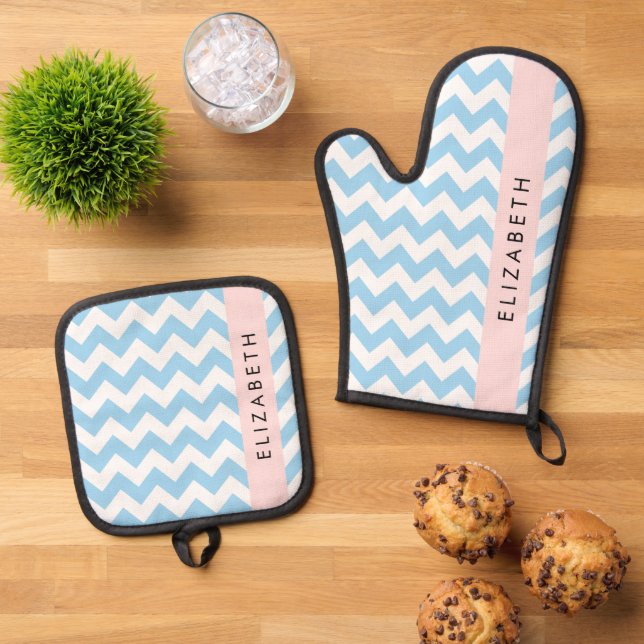 Blue Zigzag, Blue Chevron, Wave Pattern, Your Name Oven Mitt & Pot Holder Set (Top Down)