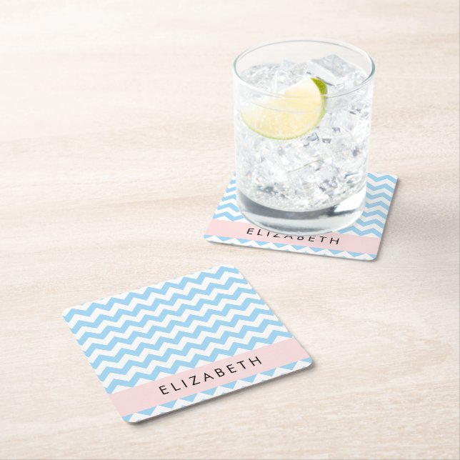 Blue Zigzag, Blue Chevron, Wave Pattern, Your Name Square Paper Coaster (Insitu)