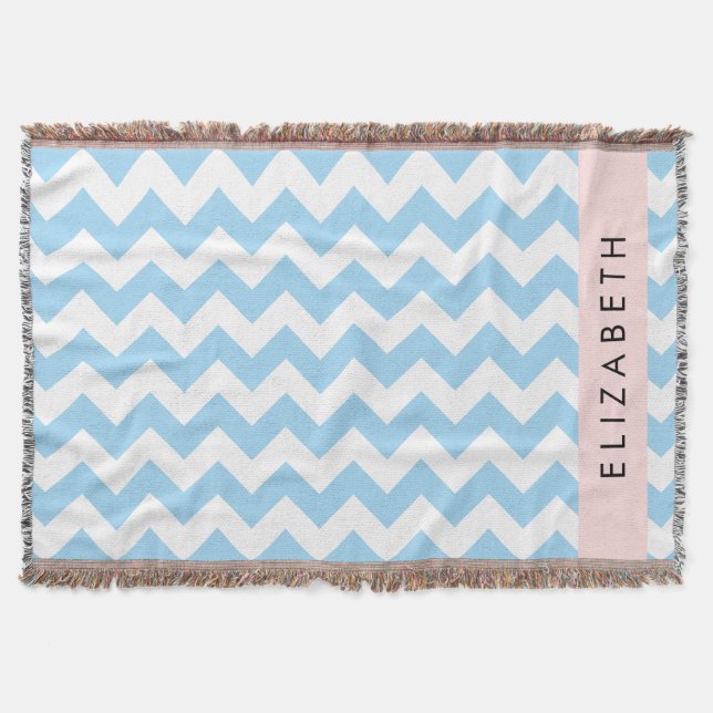 Blue Zigzag, Blue Chevron, Wave Pattern, Your Name Throw Blanket (Front)