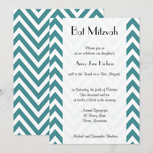Blue Zigzag, Blue Chevron, Zigzag, Bat Mitzvah Invitation (Front/Back)