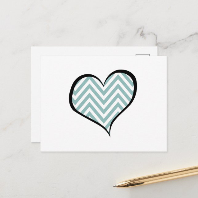 Blue Zigzag, Blue Chevron, Zigzag Pattern, Heart Postcard (Front/Back In Situ)