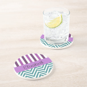 Blue Zigzag, Chevron, Purple Stripes, Your Name Coaster