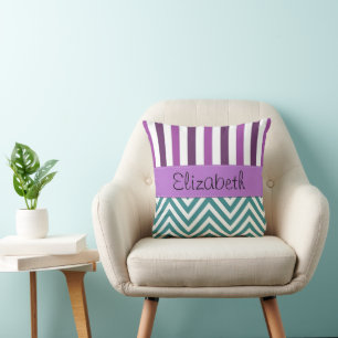 Blue Zigzag, Chevron, Purple Stripes, Your Name Throw Pillow
