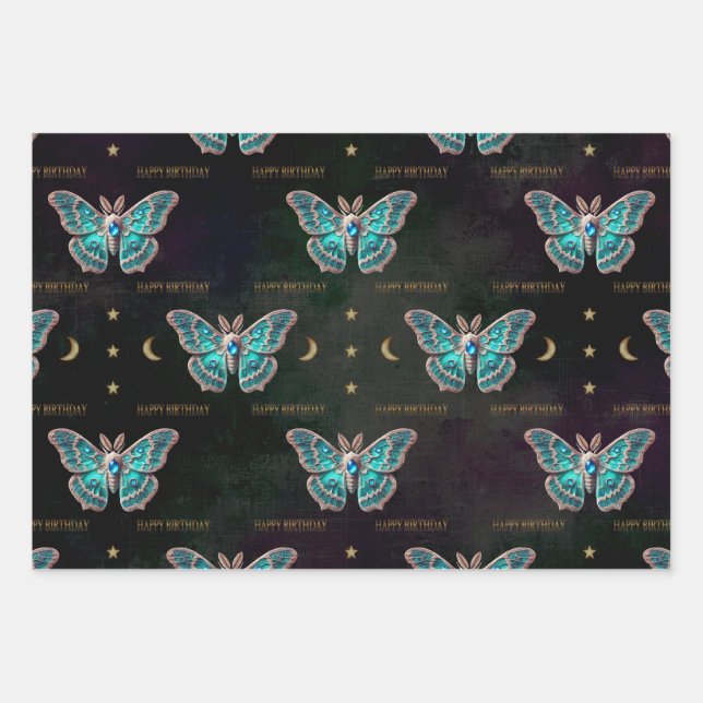 Blue Zircon December Birthstone Moth Birthday Wrapping Paper Sheet (Front)